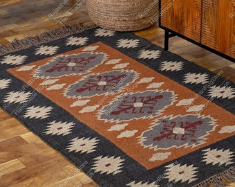 Bohemian Flatweave Area Rug Kilim Dhurrie Flatweave Navajo Style Large | Living Room | Dining Room | Nursery Eco - Friendly Wool Jute Rug