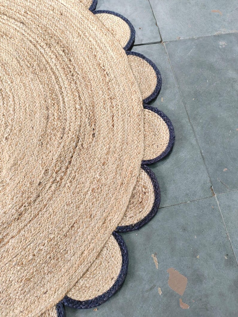Black and Natural Round Jute Rug, Dining Table Scallop Jute Rug, Custom