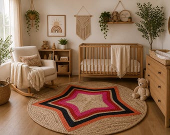 Handgeflochtener runder Jute-Teppich, Boho-Landhaus-Teppich, Naturfaser-Teppich, runder Jute-Teppich, Vintage-Wohndeko, indischer Naturteppich, Schlafzimmer