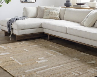 Beige and white cotton jute carpet for area hall decor and flatweave kilim rug home, Handwoven Jute Kilim Rug Modern Geometric Boho Area Rug