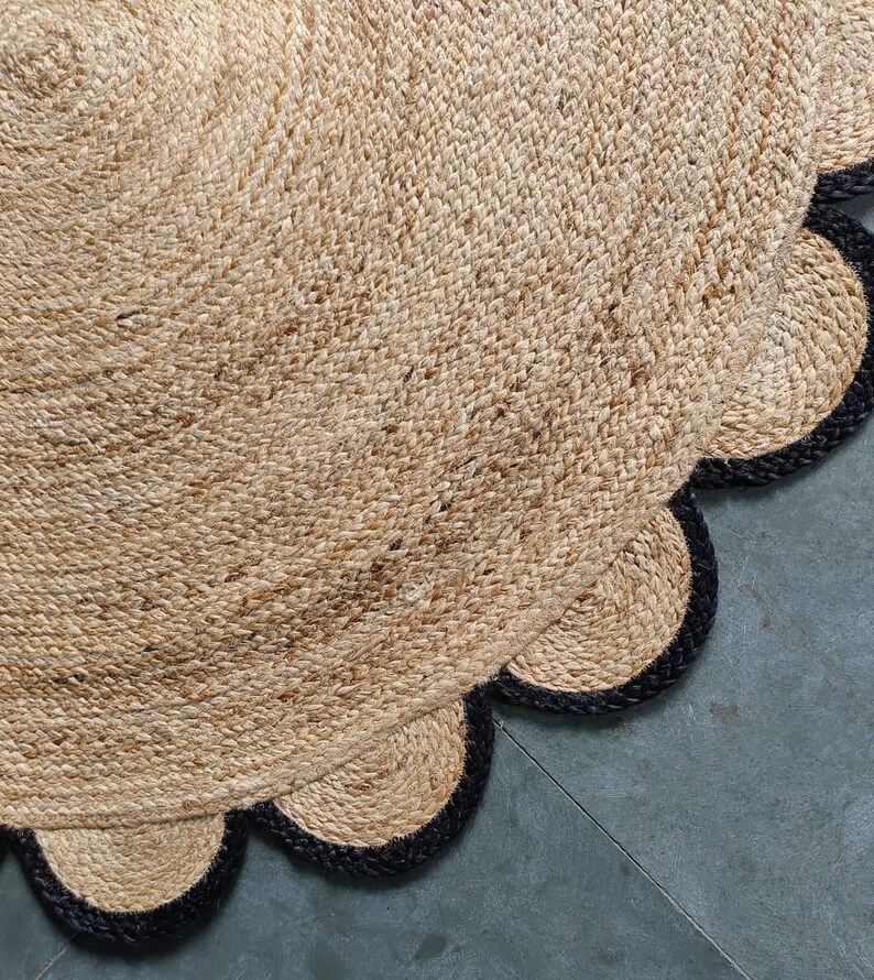 Black and Natural Round Jute Rug, Dining Table Scallop Jute Rug, Custom