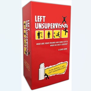 May include: A red box with the words "LEFT UNSUPERVISED" in white. The box is a card game that asks the question "What are your friends and family up to when no one's looking?"
