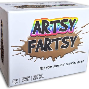 May include: A white box with a brown splatter design and the words "Artsy Fartsy" in rainbow letters. The box also says "Not your parents' drawing game." and has information about the game's age range, number of players, and play time.