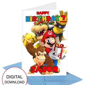 Personalized SUPER MARIO Birthday Card, Bowser,Donkey Kong, Digital Download,Card for  Son,Grandson,Husband,Daughter,Perfect for Gaming,5x7