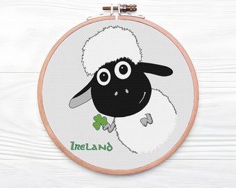 Irish Shamrock, Modern Cross Stitch Pattern, Irish Sheep, Instant download PDF, Easy counted cross stitch chart, Celtic clover, 8x8 Hoop