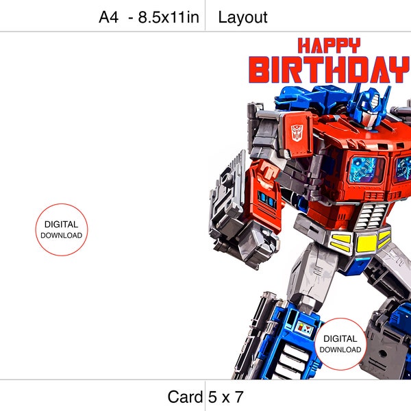 Optimus Prime Transformers Geburtstagskarte, Rescue Bots, Sofort Download, Superheld, Autobots, druckbar, A6-Format, druckbar für Kinder, 5x7