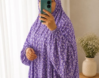 Floral Prayer Abaya Dress with Attached Hijab, One Size