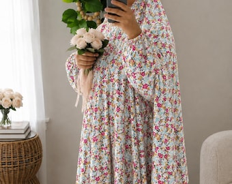 Floral Cotton Prayer Dress with Attached Hijab, Comfortable Islamic Abaya