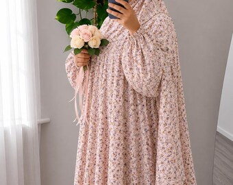 One-Piece Prayer Dress with Attached Hijab, Flowy Abaya, Lightweight Islamic Clothing
