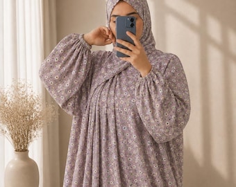 One-Piece Prayer Dress Abaya, Attached Khimar, Flowy Lightweight Fabric