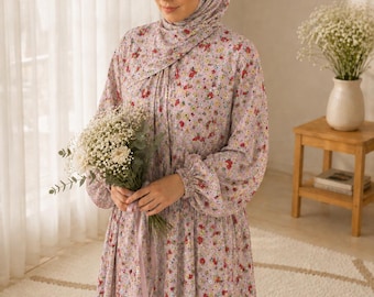 Floral Prayer Abaya Dress, Attached Hijab, Islamic Gift