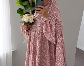 Floral Muslim Prayer Dress Abaya, Attached Hijab, One Size