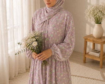 Floral Pure Cotton Prayer Dress Abaya with Built-in Hijab