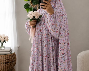 Floral Cotton Prayer Dress with Built-in Hijab