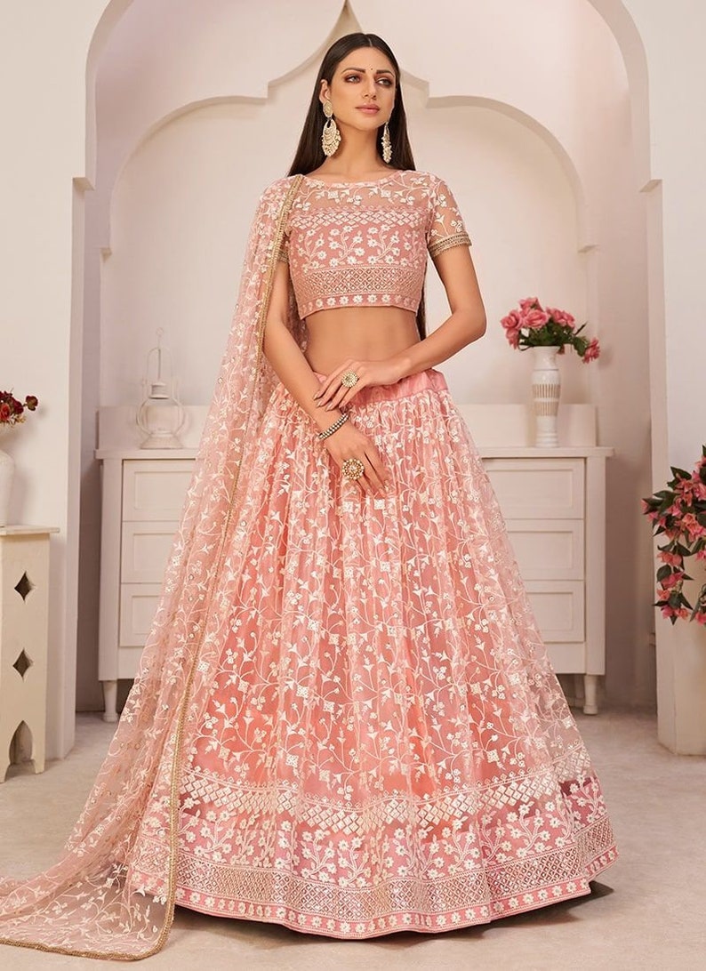 Pastel Pink Lehenga Choli for Women Net With Thread Embrodiery Etsy