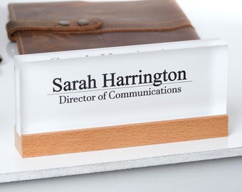Personalized Acrylic Desk Name Plate with Wood Base: Custom Office Decor