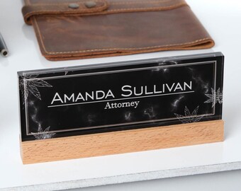 Personalized Acrylic Desk Name Plate with Beech Wood Base - Custom Office Sign