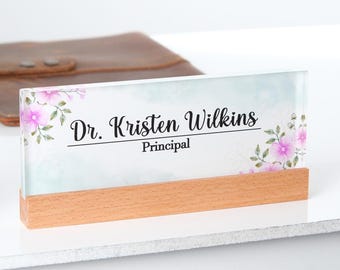 Personalized Floral Acrylic Desk Name Plate, Custom Office Decor