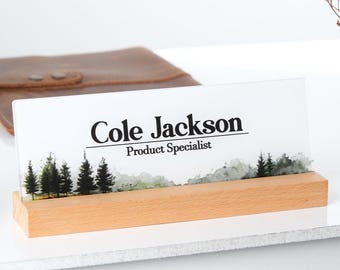 Custom Acrylic Desk Name Plate: Wooden Base Office Decor