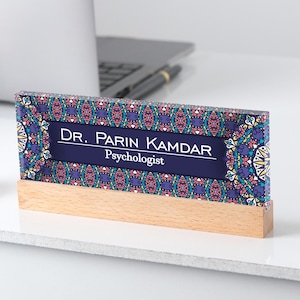 Personalized Psychologist Nameplate With Mandala Design, Custom Acrylic Desk Sign With Wood Base, Unique Office Gift For Therapist Or Doctor