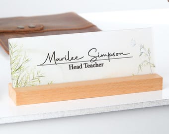Personalized Acrylic Desk Name Plate: Custom Floral Office Decor