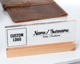 Custom Acrylic Desk Name Plate: Logo Office Sign with Wood Base