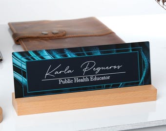 Custom Acrylic Desk Name Plate: Wood Base Office Decor