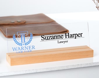 Custom Acrylic Desk Name Plate: Personalized Office Decor with Wood Base