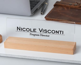 Custom Acrylic Desk Name Plate: UV Printed Wooden Base Office Sign