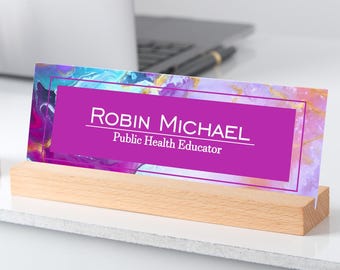 Custom Acrylic Desk Name Plate: Modern Wood Base Office Sign