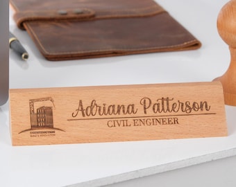 Engraved Beech Wood Nameplate: Personalized Office Desk Sign with Logo