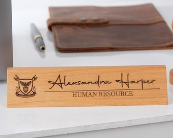 Personalized Beech Wood Desk Sign: Custom Engraved Logo Nameplate