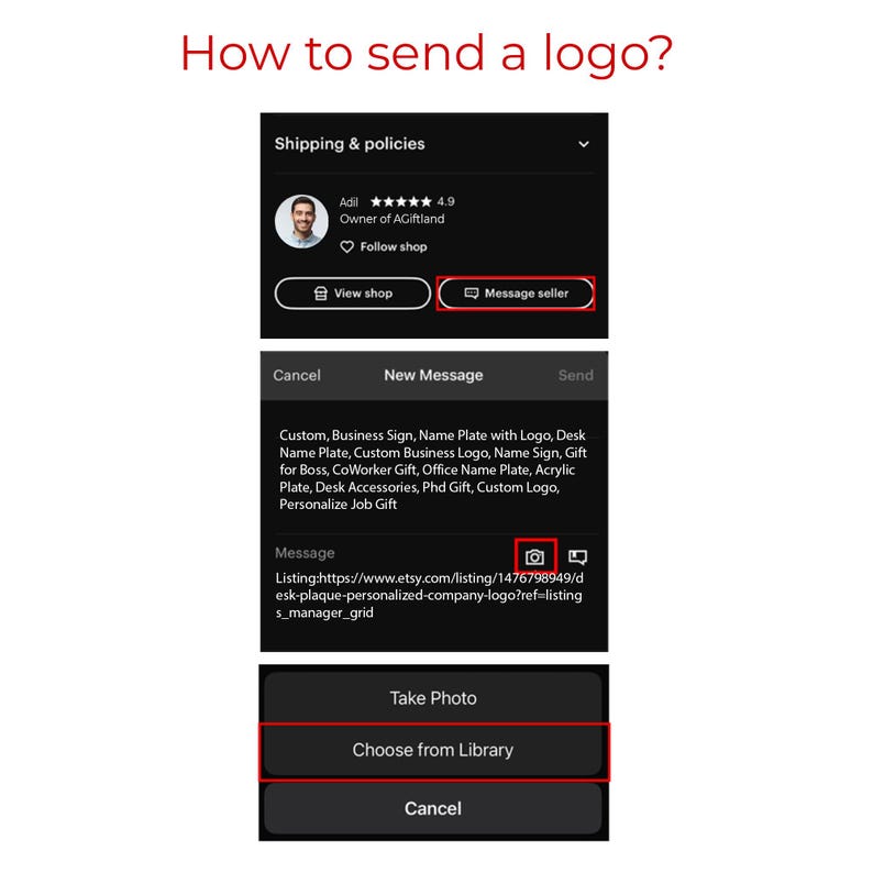 May include: A screenshot of an Etsy shop message window. The message window shows a button to take a photo and a button to choose from library. The text in the message window says "Listing:https://www.etsy.com/listing/1476798949/desk-plaque-personalized-company-logo?ref=listing_manager_grid"