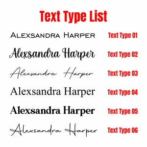 May include: A list of six different text types for the name "Alexsandra Harper". The text types range from simple block letters to cursive script.