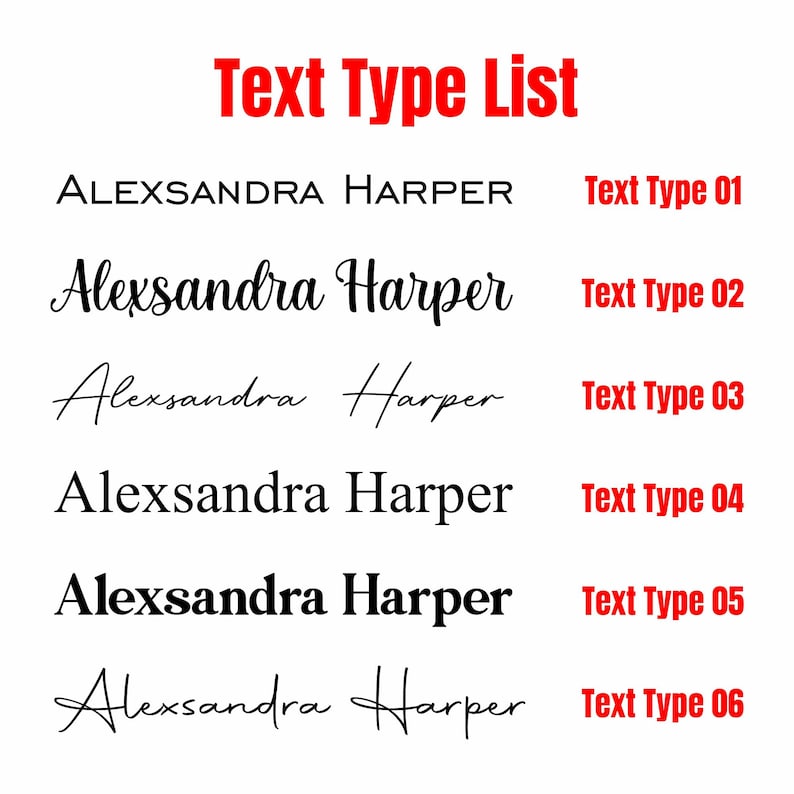 May include: A list of six different text types for the name "Alexsandra Harper". The text types range from simple block letters to cursive script.
