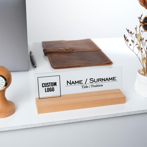 Personalized Company Logo Acrylic Name Plate with Wood Base