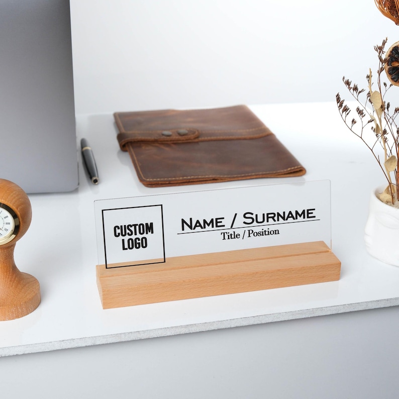 Personalized Company Logo Acrylic Name Plate with Wood Base image 1