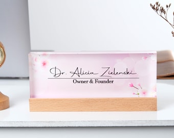 Personalized Acrylic Desk Name Plate, Floral Office Decor, Wood Base