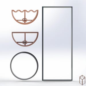 May include: A collection of 3D printed objects including a copper-colored semi-circular frame with a wavy top edge, a copper-colored semi-circular frame with a flat top edge, a black circular frame, and a tall, thin, black rectangular frame.