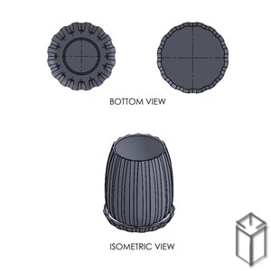 Puede incluir: Una representaci&oacute;n 3D de una maceta gris con costillas y un platillo a juego. La imagen muestra la maceta desde la parte inferior y vistas isom&eacute;tricas. Se incluye el texto "BOTTOM VIEW" e "ISOMETRIC VIEW".