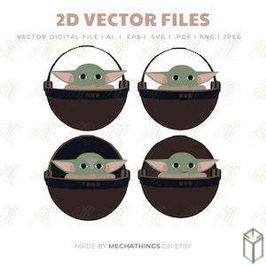 May include: Four illustrations of a green alien character in a brown carrier. The alien has large ears and a small smile. The carrier has a black handle. Text at the top reads "2D VECTOR FILES".
