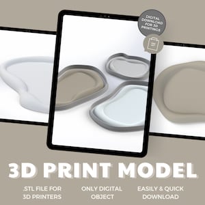 May include: Digital download of a 3D printable model of three abstract, organic-shaped trays. The trays are in shades of gray and white. The text "3D PRINT MODEL" is at the bottom of the image. The text "DIGITAL DOWNLOAD FOR 3D PRINTINGS" is at the top of the image.