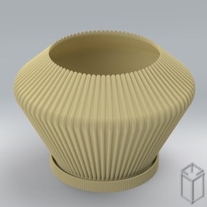 May include: A beige ceramic planter with a fluted design and a scalloped rim. The planter has a wide, shallow base and a narrow opening.