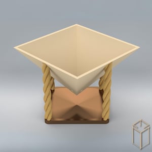 May include: A beige ceramic bowl with a square shape and a pointed bottom sits on a wooden stand with rope-like accents. The stand has a square base and a copper-coloured top.