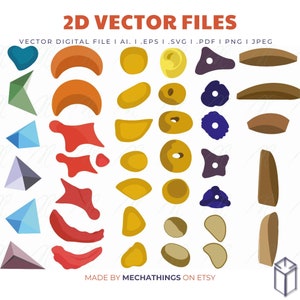 May include: A set of 2D vector files for digital download. The files include various shapes in different colors, including red, orange, yellow, blue, and brown. The shapes are arranged in rows and columns on a white background. The text "2D VECTOR FILES" is at the top of the image, and the text "MADE BY MECHATHINGS ON ETSY" is at the bottom of the image.