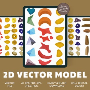 以下が含まれることがあります： さまざまな形、色、サイズのクライミングホールドを特徴とする2Dベクターグラフィックのデジタルダウンロード。ホールドは白い背景に並べて配置されています。画像の下部に「2Dベクターモデル」というテキストが表示されています。