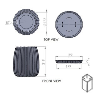 Puede incluir: Dibujo t&eacute;cnico de un objeto cil&iacute;ndrico con lados acanalados, la vista superior muestra un di&aacute;metro de 137 mm y un radio de 75 mm. La vista frontal muestra una altura de 219 mm y un di&aacute;metro de base de 179 mm, con un di&aacute;metro superior de 199 mm y un grosor de 22 mm.