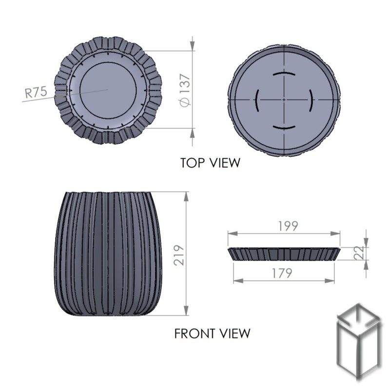 Puede incluir: Dibujo t&eacute;cnico de un objeto cil&iacute;ndrico con lados acanalados, la vista superior muestra un di&aacute;metro de 137 mm y un radio de 75 mm. La vista frontal muestra una altura de 219 mm y un di&aacute;metro de base de 179 mm, con un di&aacute;metro superior de 199 mm y un grosor de 22 mm.
