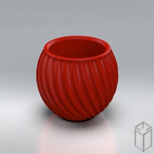 Puede incluir: Un macetero redondo rojo con un diseño acanalado. El macetero está hecho de un material liso y duradero.
