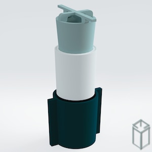 Può includere: Un contenitore cilindrico blu-verde e bianco con un top a forma di croce blu-verde. Il contenitore è appoggiato su una base verde scuro con due linguette laterali.